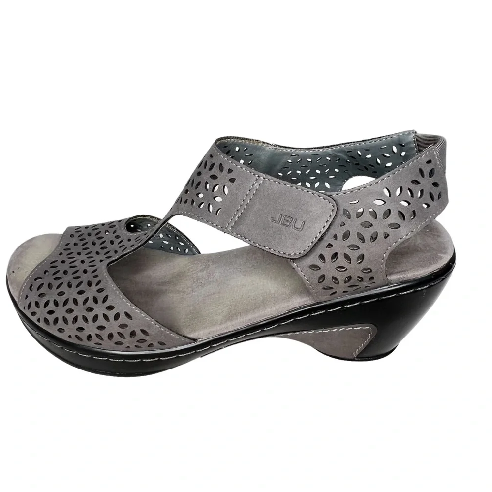 JBU by Jambu Chloe Gray Vegan Leather Laser Cut Wedge Sandals With Memory Foam 9